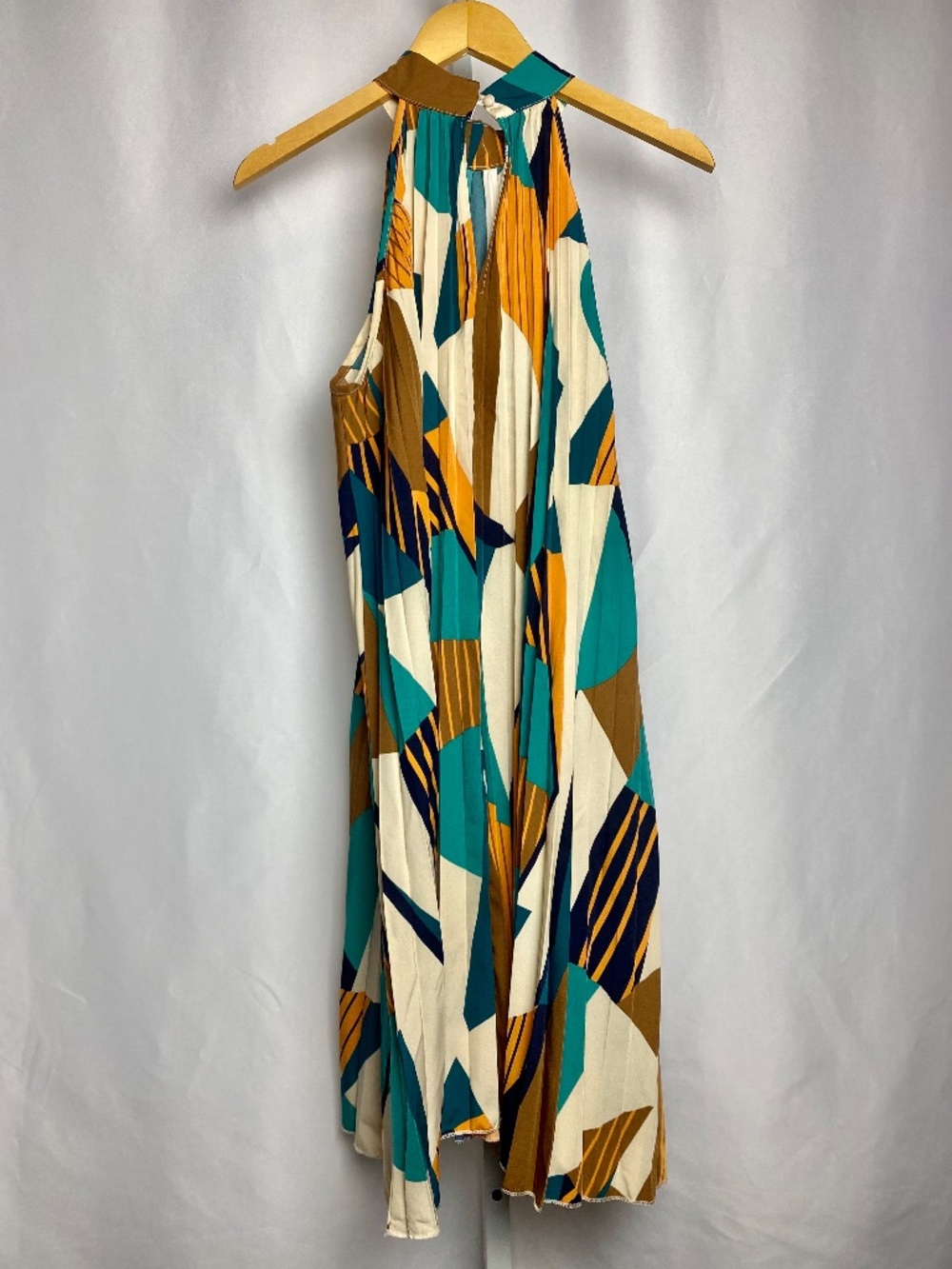 Indie Artsy Multicolor Teal Orange Geometric Pleated Flowy Halter Dress X-Large - Picture 9 of 10